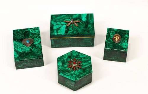 Four "Jeweled" Malachite Table Boxes
Height of first box 3 x width 6 x depth 4 inches.