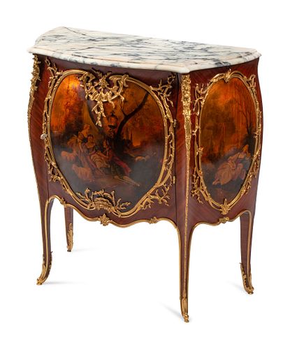 A Louis XV Style Gilt Bronze Mounted Vernis Martin Marble-Top Cabinet
Height 42 1/2 x width 39 x depth 18 inches.