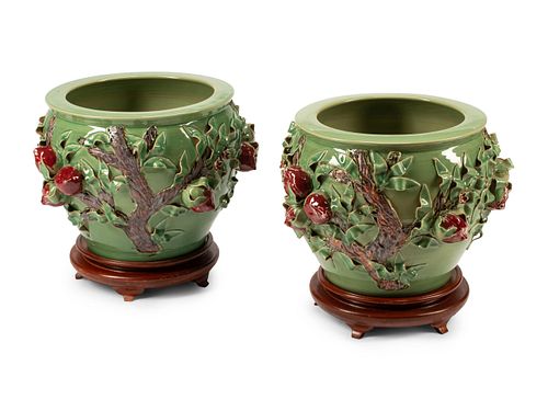 A Pair of Chinese Export Celadon and Copper Red Glazed Porcelain Peach Motif Jardinieres
Height overall 20 x diameter 23 inches.