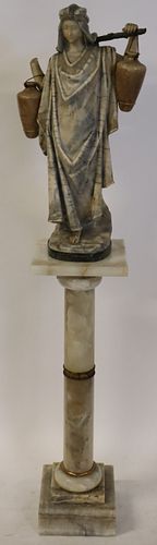 Antique Alabaster Pedestal Together With A Figure.
