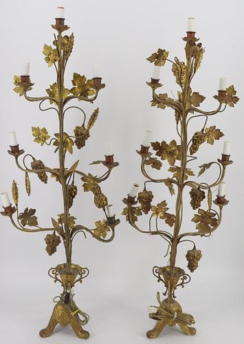 An Antique Pair Of Bronze Leaf & Grape Plant