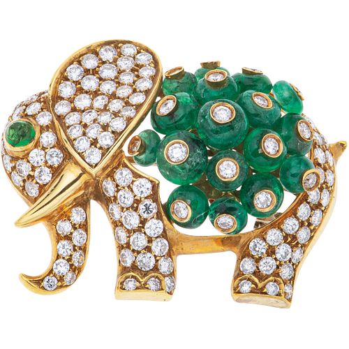 BROOCH WITH EMERALDS AND DIAMONDS IN 18K YELLOW GOLD with 18 Rondelle and cabochon cut emeralds, and 113 Brilliant cut diamonds