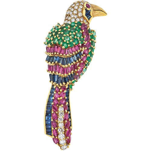 BROOCH WITH EMERALDS, RUBIES, SAPPHIRES AND DIAMONDS IN 18K YELLOW GOLD with 45 emeralds, 48 rubies, 50 sapphires, 46 diamonds