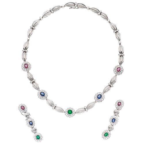 CHOKER AND PAIR OF EARRINGS WITH EMERALDS, RUBIES, SAPPHIRES AND DIAMONDS IN 18K WHITE GOLD with 11 precious gemstones and 154 diamonds