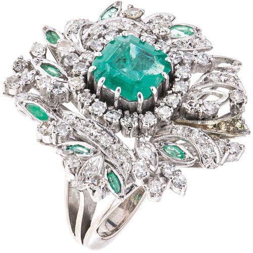 RING WITH EMERALDS AND DIAMONDS IN PALLADIUM SILVER with 9 Octagonal and marquise cut emeralds ~2.70ct and 65 8x8 cut diamonds ~1.20ct