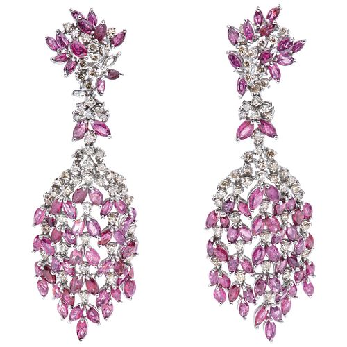 PAIR OF EARRINGS WITH RUBIES AND DIAMONDS IN PALLADIUM SILVER with 114 marquise cut rubies ~11.0 ct and 102 8x8 cut diamonds ~3.0 ct