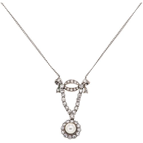CHOKER WITH CULTURED PEARL AND DIAMONDS IN 10K WHITE GOLD 1 cream colored pearl and 41 8x8 and Swiss cut diamonds ~1.20 ct