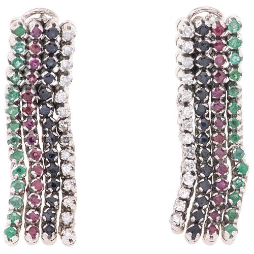 PAIR OF EARRINGS WITH EMERALDS, RUBIES, SAPPHIRES AND DIAMONDS IN PALLADIUM SILVER with 28 emeralds, 28 rubies, 28 sapphires and 28 diamonds