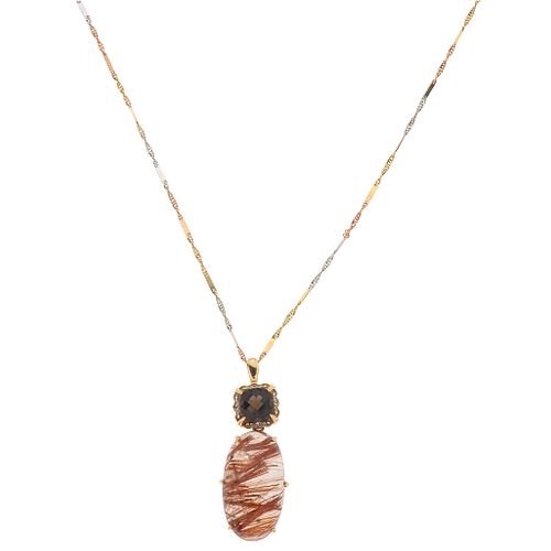 NECKLACE AND PENDANT WITH QUARTZES AND DIAMONDS IN YELLOW, WHITE, AND PINK 14K GOLD with a rutilated quartz, a smoky quartz and 4 diamonds