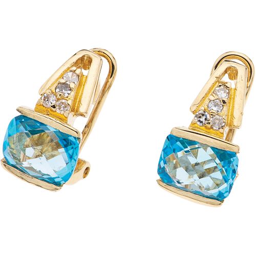 PAIR OF EARRINGS WITH TOPAZ AND DIAMONDS IN 14K YELLOW GOLD with 2 cushion cut topazes ~2.20 ct and 7 8x8 and brilliant cut diamonds