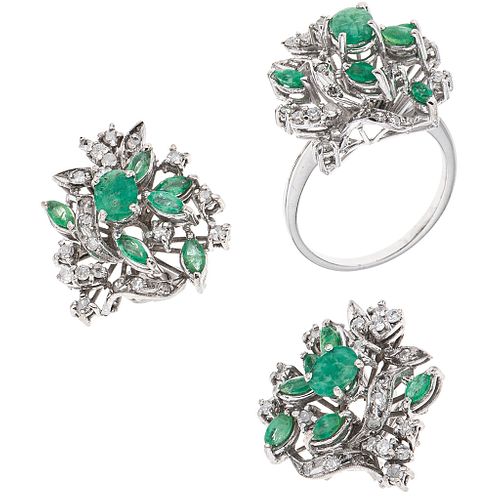 SET OF RING AND PAIR OF EARRINGS WITH EMERALDS AND DIAMONDS IN PALLADIUM SILVER with 21 emeralds ~3.0 ct and 65 8x8 cut diamonds