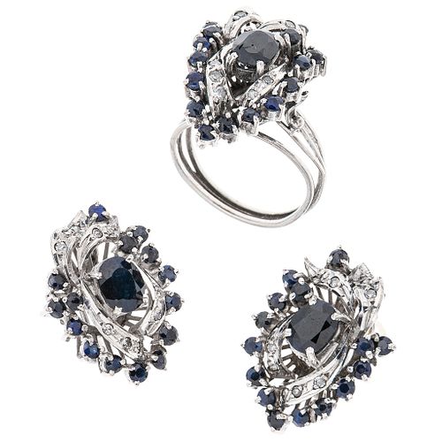 SET OF RING AND PAIR OF EARRINGS WITH SAPPHIRES AND DIAMONDS IN PALLADIUM SILVER with 48 sapphires ~5.50 ct and 30 8x8 cut diamonds ~0.40 ct
