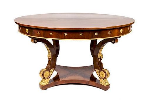 An Empire Gilt Bronze Mounted Mahogany Center Table Height 31 x diameter 55 1/2 inches (closed).