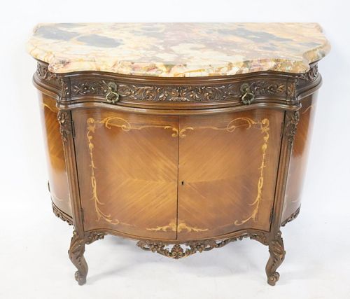 Antique Louis XV Style Inlaid Marbletop Cabinet.