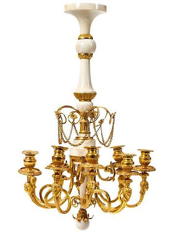 A Russian Gilt Bronze and White Marble Nine-Light Chandelier Height 26 x diameter 15 inches.