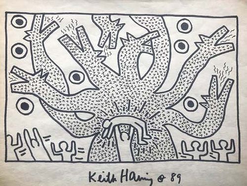 Keith Haring  Figures Dog/Cactus Tree, Marker. Signed & 89