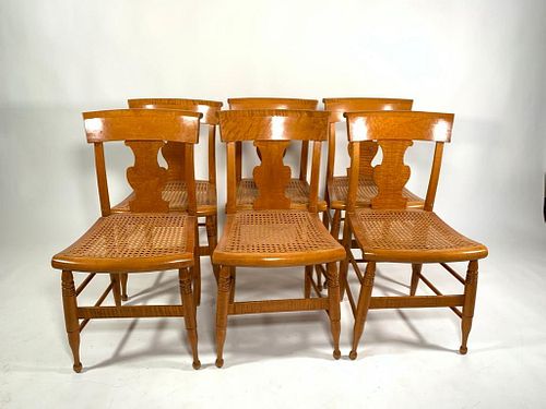 Set of Six American Sheraton Tiger Maple Dining Chairs