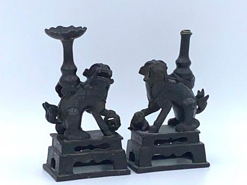 Pair of Chinese Cast Iron Foo Dog Censers