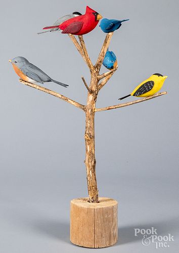 Walter Frey carved and painted bird tree