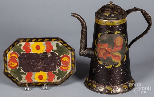 Toleware coffee pot and tray, 19th c.