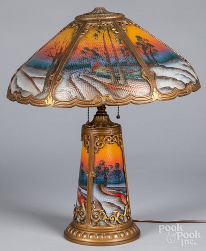 Reverse painted gilt metal table lamp