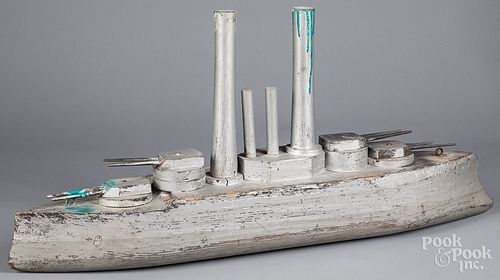 Carved and painted wood battleship