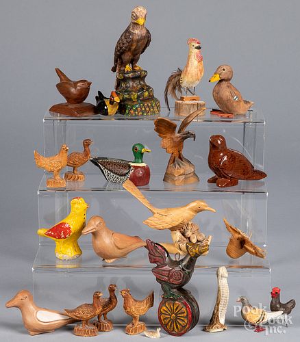 Carved wood, composition and stone birds
