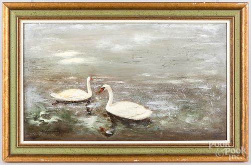 Oil on panel of two swans