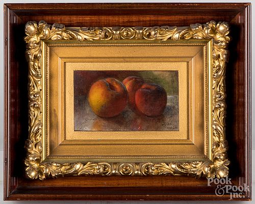 Oil on board still life with peaches