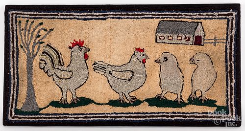 American hooked rug, early 20th c., with chickens