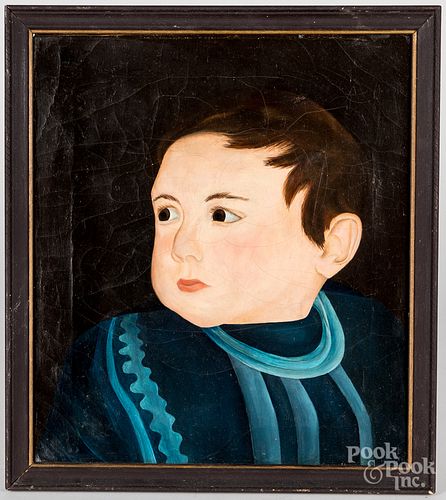Primitive oil on canvas portrait of a boy