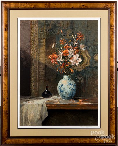 Signed print of a still life with vase of flowers