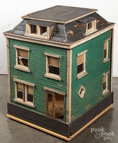 Large painted pine dollhouse, late 19th c.
