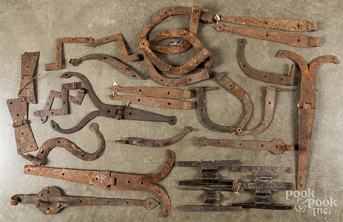 Collection of antique wrought iron hinges.