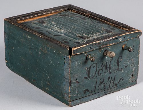 Painted pine slide lid box, dated 1841