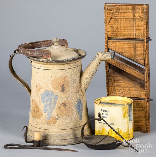 Country accessories, to include tin kettle