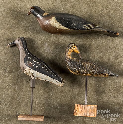 Carved and painted pigeon decoy, etc.