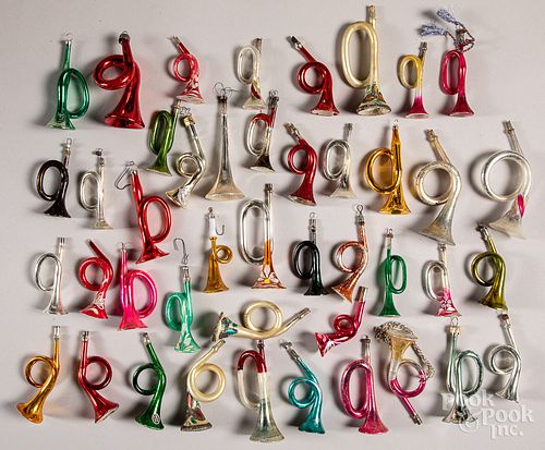 Group of figural glass horn Christmas ornaments