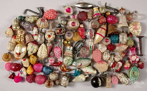Large group of vintage glass Christmas ornaments.
