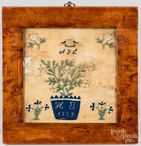 Small silk on linen sampler, dated 1829