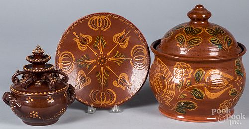 Three pieces of reproduction redware