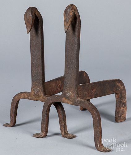 Pair of wrought iron andirons, 19th c.