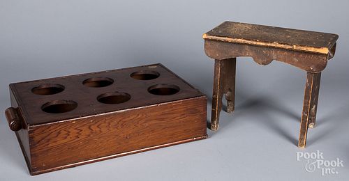 Pine stool and bottle carrier, 19th c.
