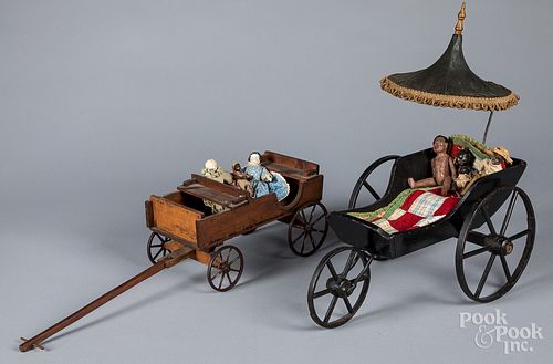 Wood doll wagon, with cast iron wheels, etc.