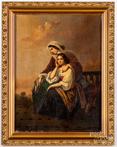 American oil on canvas of two woman on a veranda