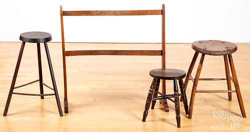 Three stools, together with a towel rack, 19th c.