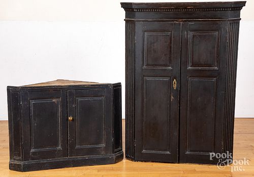 English painted pine two-part corner cupboard