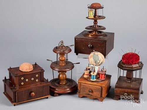 Five sewing boxes and stands, 19th c.