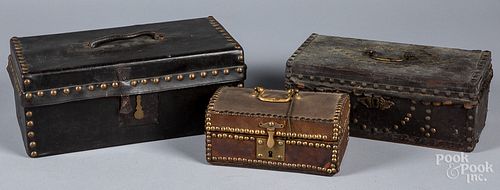 Three leather covered boxes, 19th c.