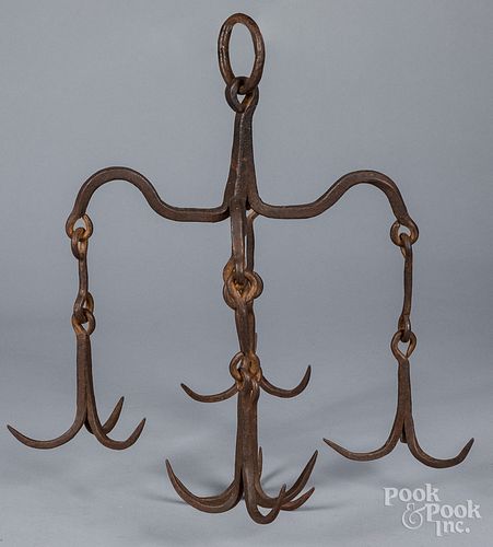 Wrought iron hanging meat rack, 19th c.